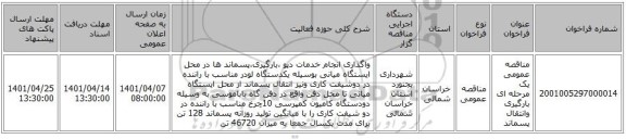 مناقصه، مناقصه عمومی یک مرحله ای بارگیری وانتقال پسماند