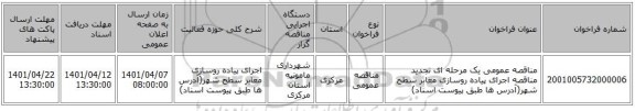 مناقصه، مناقصه عمومی یک مرحله ای تجدید مناقصه اجرای پیاده روسازی معابر سطح شهر(آدرس ها طبق پیوست اسناد)