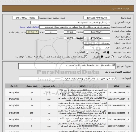 استعلام کابل و لوازم برقی طبق مشخصات فنی و لیست پیوست