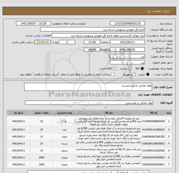 استعلام مواد غذایی از قبیل:پنیر و..