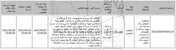 مناقصه، مناقصه عمومی یک مرحله ای بهره برداری و نگهداری تاسیسات روستایی شهرستان دزفول