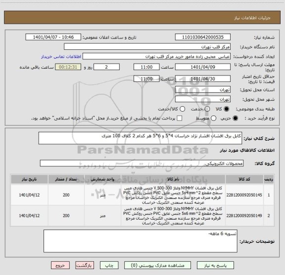 استعلام کابل برق افشان افشار نژاد خراسان 4*5 و 6*5 هر کدام 2 کلاف 100 متری