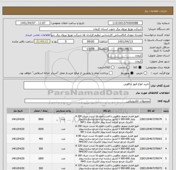 استعلام خرید انواع فیوز چاقویی