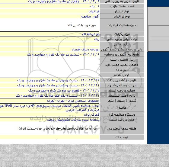 مناقصه, تجدید مناقصه تأمین قطعات مرتبط با سرورهای HP و ذخیره ساز ۳PAR مورد نیاز ستاد مرکزی و گمرکات اجرایی