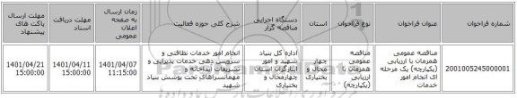 مناقصه، مناقصه عمومی همزمان با ارزیابی (یکپارچه) یک مرحله ای انجام امور خدمات