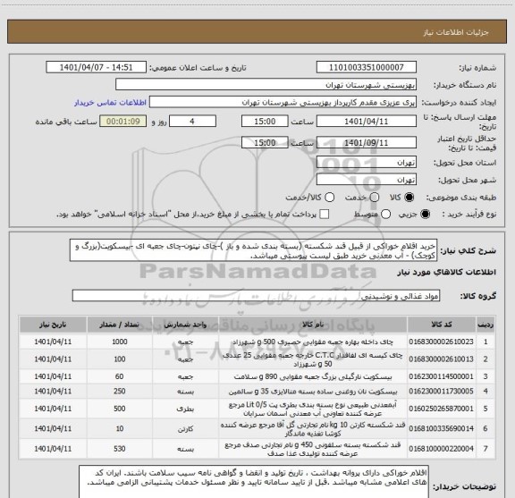 استعلام خرید اقلام خوراکی از قبیل قند شکسته (بسته بندی شده و باز )-چای نپتون-چای جعبه ای -بیسکویت(بزرگ و کوچک) - آب معدنی خرید طبق لیست پیوستی میباشد.