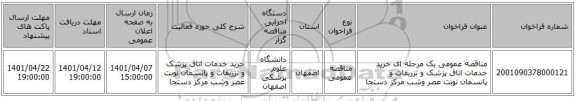 مناقصه، مناقصه عمومی یک مرحله ای خرید خدمات اتاق پزشک و تزریقات و پانسمان نوبت عصر وشب مرکز دستجا