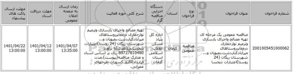 مناقصه، مناقصه عمومی یک مرحله ای تهیه مصالح واجرای بازسازی وترمیم نوارحفاری درمعابرروستاهای میرآبادکناردشت،بمبویان و... شهرستان ریگان (24 روستا)اعتبارات ذیحسا