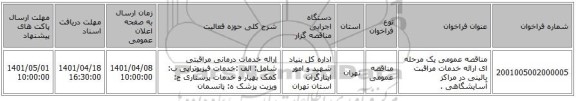 مناقصه، مناقصه عمومی یک مرحله ای ارائه خدمات مراقبت بالینی در مراکز آسایشگاهی .