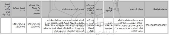 مناقصه، خرید خدمات مشاوره انجام خدمات مهندسی مطالعات طراحی تفصیلی و تهیه نقشه های اجرایی، متره و برآورد و سایر خدمات