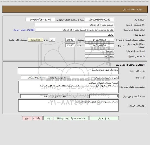 استعلام تابلو برق طبق شرح پیوست