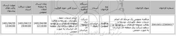 مناقصه، مناقصه عمومی یک مرحله ای انجام خدمات حفظ، نگهداری، توسعه و نظافت محوطه فضاهای سبز موجود در سطح شرکت برق منطقه ای خراسان به صورت حجمی