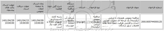 مناقصه، مناقصه عمومی همزمان با ارزیابی (یکپارچه) یک مرحله ای عملیات اجرایی احداث و افزایش ظرفیت تلمبه خانه های فاضلاب شهر شادگان