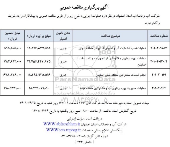 مناقصه عملیات نصب انشعابات آب و تعویض کنتور در منطقه