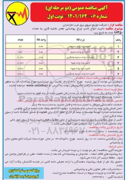 مناقصه خرید انواع لامپ چراغ روشنایی معابر تخلیه گازی  به تعداد 16350