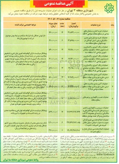 مناقصه عمومی عملیات خرید المان و مبلمان های پارکی در سطح  و...