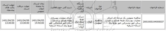 مناقصه، مناقصه عمومی یک مرحله ای اجرای عملیات بهسازی طبقه همکف و احداث سالن امور مشترکین امور توزیع برق آستانه اشرفیه