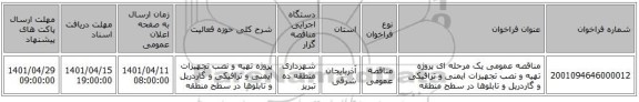 مناقصه، مناقصه عمومی یک مرحله ای پروژه تهیه و نصب تجهیزات ایمنی و ترافیکی و گاردریل و تابلوها در سطح منطقه