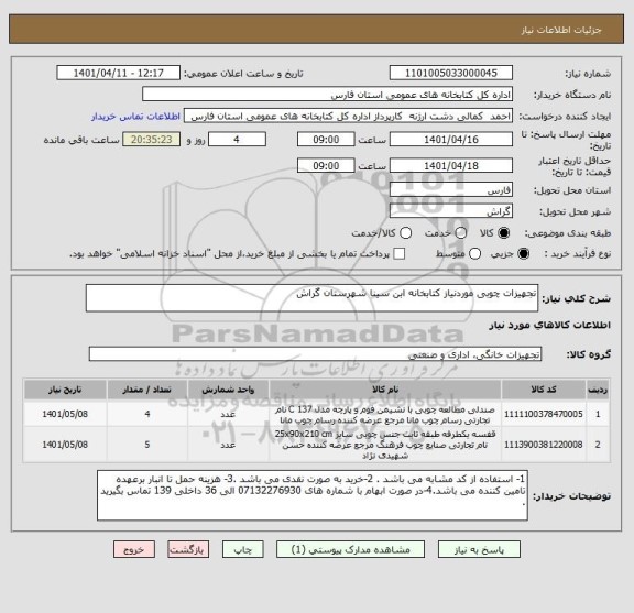 استعلام تجهیزات چوبی موردنیاز کتابخانه ابن سینا شهرستان گراش