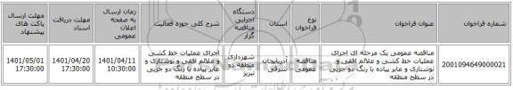 مناقصه، مناقصه عمومی یک مرحله ای اجرای عملیات خط کشی  و علائم افقی و نوشتاری و عابر پیاده با رنگ دو جزیی در سطح منطقه