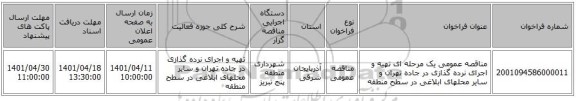 مناقصه، مناقصه عمومی یک مرحله ای     تهیه و اجرای نرده گذازی در جاده تهران و سایر محلهای ابلاغی در سطح منطقه