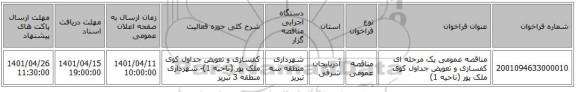 مناقصه، مناقصه عمومی یک مرحله ای کفسازی و تعویض جداول کوی ملک پور (ناحیه 1)