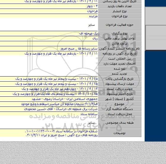 مزایده, ی/۴۰۱/۴-سیمان مخلوط کن میکسر اسقاط با وضع موجود