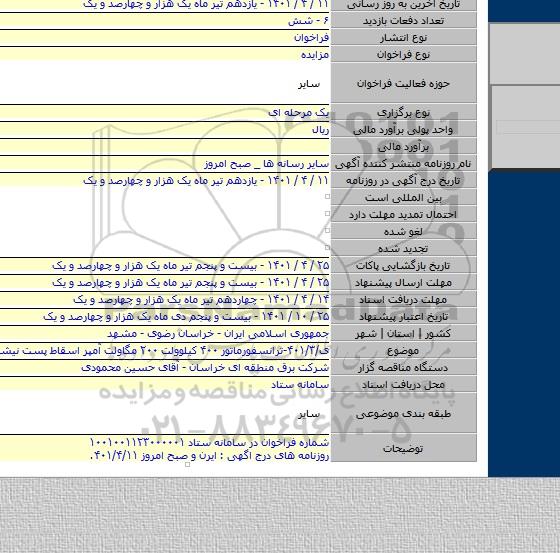 مزایده, ی/۴۰۱/۳-ترانسفورماتور ۴۰۰ کیلوولت ۲۰۰ مگاولت آمپر اسقاط پست نیشابور