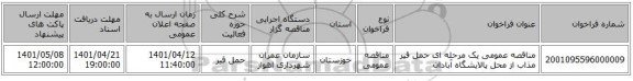 مناقصه، مناقصه عمومی یک مرحله ای حمل قیر مذاب از محل پالایشگاه آبادان