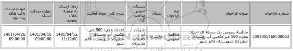 مناقصه، مناقصه عمومی یک مرحله ای احداث مخزن 500 متر مکعبی آب روستای خطیرکلا شهرستان قائم شهر