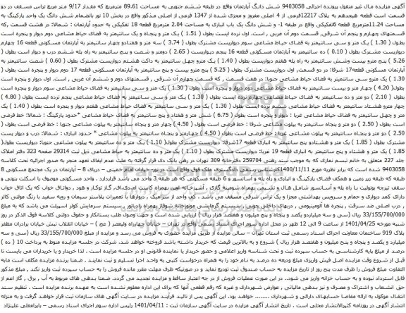 آگهی مزایده شش دانگ آپارتمان واقع در طبقه ششم جنوبی به مساحت 89.61 مترمربع که مقدار 9/17 متر مربع