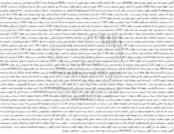 آگهی مزایده شش دانگ آپارتمان واقع در طبقه سوم جنوبی به مساحت 89/61 مترمربع که مقدار 9/17 متر مربع