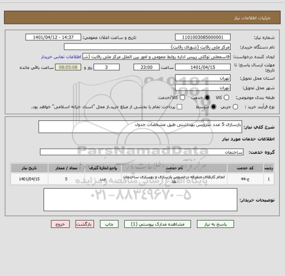 استعلام بازسازی 5 عدد سرویس بهداشتی طبق مشخصات جدول