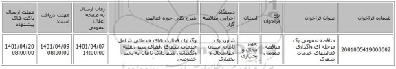 مناقصه، مناقصه عمومی یک مرحله ای واگذاری فعالیتهای خدمات شهری