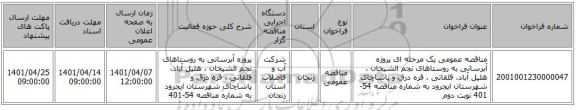 مناقصه، مناقصه عمومی یک مرحله ای پروژه آبرسانی به روستاهای نجم الشیخان ، هلیل آباد، قلقاتی ، قره درق و پاشاچای شهرستان ایجرود به شماره مناقصه 54-401 نوبت دوم