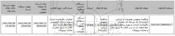 مناقصه، مناقصه عمومی همزمان با ارزیابی (یکپارچه) یک مرحله ای عملیات باقیمانده احداث و بهره برداری  آزمایشی خط انتقال آب از سد کلان به  شهر ملایر و مخازن پیرویلان