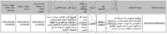 مناقصه، مناقصه عمومی یک مرحله ای واگذاری انجام  امورخدماتی سرایداری و نگهبانی به صورت حجمی  در ادارات و مناطق ثبتی استان قزوین مطابق مشخصات اعلام شده در اسناد