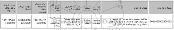 مناقصه، مناقصه عمومی یک مرحله ای تعویض و بازسازی جوی و جدول و کانیو و آب های سطحی،سطح محله خاتم الانبیا (ع)