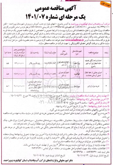 مناقصه احداث واحد آبگیر تصفیه خانه اضطراری آب ...