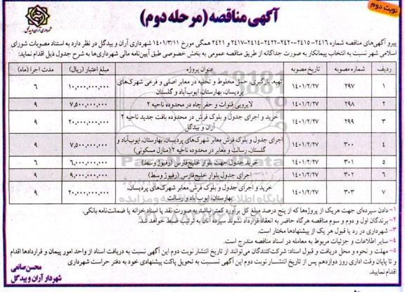 مناقصه تهیه، بارگیری، حمل مخلوط و تخلیه در معابر اصلی و فرعی  و...- مرحله دوم