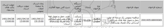 مناقصه، مناقصه عمومی یک مرحله ای تولید، حمل و تحویل لوله های پلی اتیلن آبرسانی برای مصرف روستاهای استان