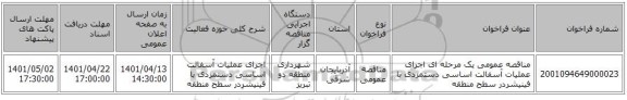 مناقصه، مناقصه عمومی یک مرحله ای اجرای عملیات آسفالت اساسی دستمزدی با فینیشردر سطح منطقه