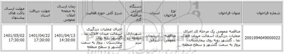 مناقصه، مناقصه عمومی یک مرحله ای اجرای عملیات درزگیری آسفالت میدان افلاک نما ، گلشهر روبه روی بیمارستان ، پرواز به سمت گلشهر و سطح منطقه