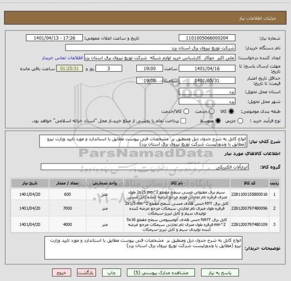 استعلام انواع کابل به شرح جدول ذیل ومنطبق بر  مشخصات فنی پیوست مطابق با استاندارد و مورد تایید وزارت نیرو (مطابق با وندورلیست شرکت توزیع نیروی برق استان یزد)