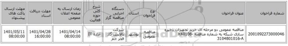 مناقصه، مناقصه عمومی دو مرحله ای خرید تجهیزات ذخیره سازی شبکه به شماره مناقصه K40106-3104801016-A