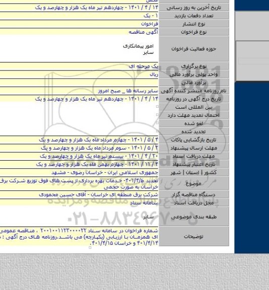 مناقصه, تجدید ط/۴۰۱/۴- خدمات بهره برداری از پست های فوق توزیع شرکت برق منطقه ای خراسان به صورت حجمی