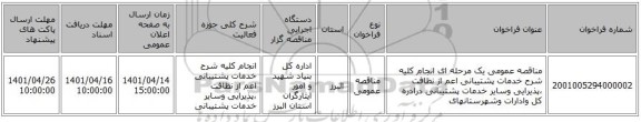 مناقصه، مناقصه عمومی یک مرحله ای انجام کلیه شرح خدمات پشتیبانی اعم از نظافت ،پذیرایی وسایر خدمات پشتیبانی درادره کل وادارات وشهرستانهای