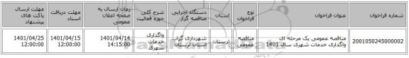 مناقصه، مناقصه عمومی یک مرحله ای واگذاری خدمات شهری سال 1401