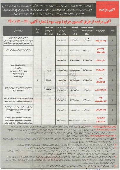 مزایده بهره برداری از مجموعه فرهنگی ، هنری و ورزشی... - نوبت سوم 