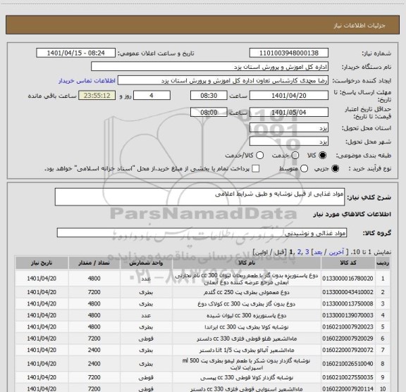 استعلام مواد غذایی از قبیل نوشابه و طبق شرایط اعلامی